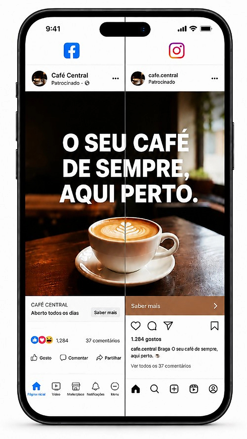 Exemplo de anúncio no Facebook e Instagram para um café local
